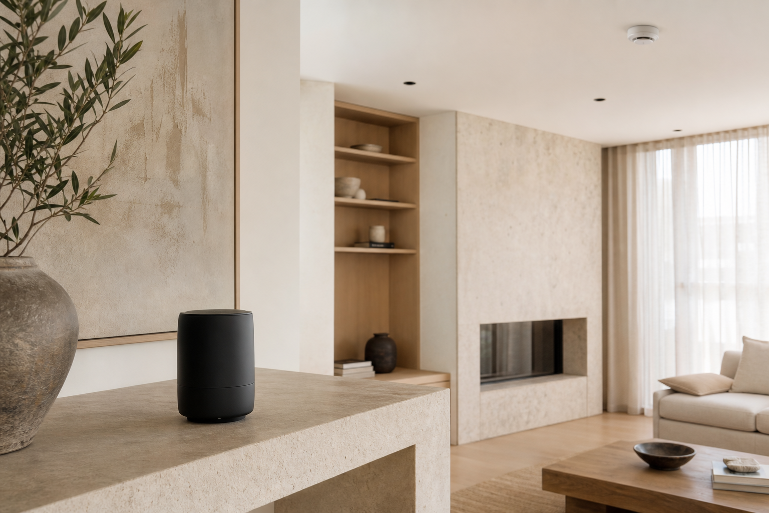 A waterless scent diffuser in a calm living room with a smoke alarm visible on the ceiling