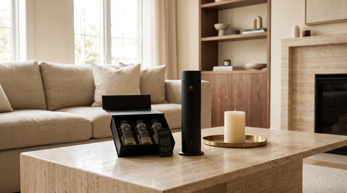 Pure One diffuser in Matte Black naast een ivoorkleurige stompkaars op een travertinen salontafel