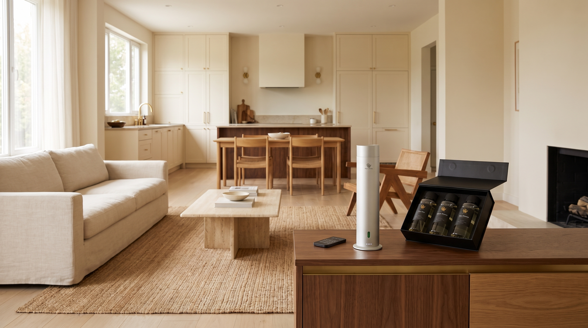 Pure One diffuser in Matte Silver op een walnotenhouten dressoir in een ruime woning met open indeling