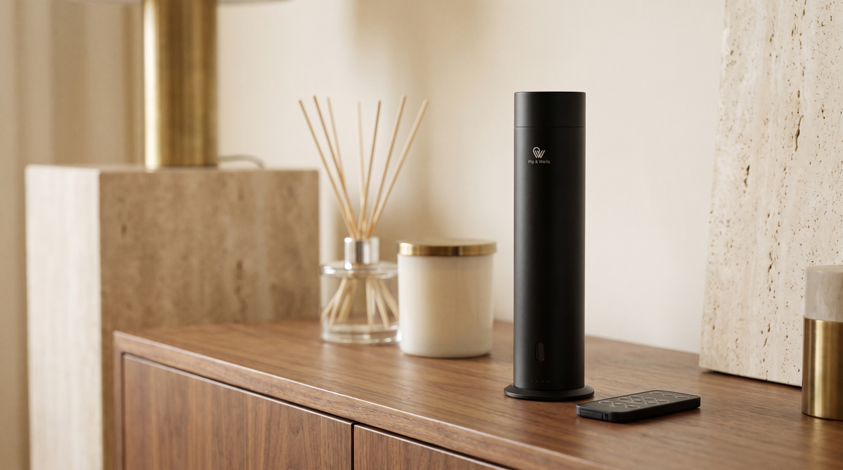 Pure One diffuser in Matte Black naast een geurstokjesdiffuser en een kaars op een walnotenhouten dressoir