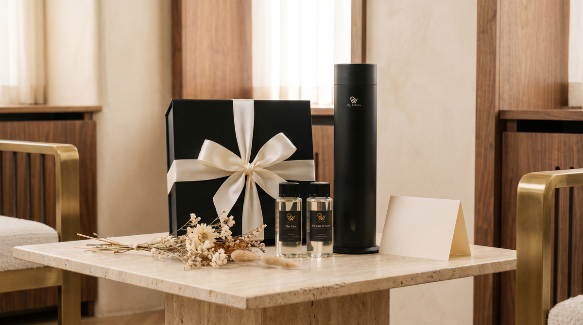 Pip & Wells geschenkdoos met ivoorkleurig lint, Pure One diffuser, geuroliën en een blanco cadeaukaart