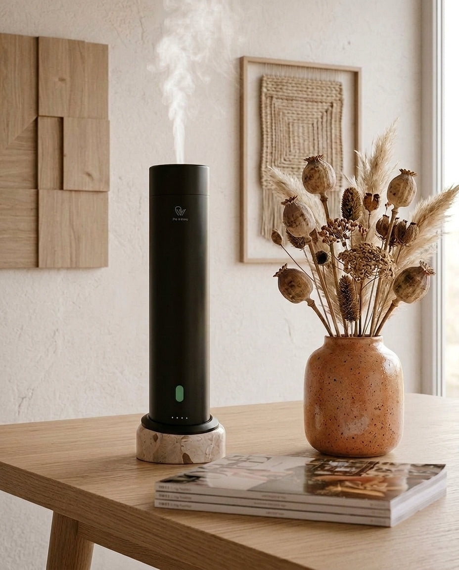 Waterless diffuser near radiator: the Pip & Wells Pure One aroma diffuser in a minimal home interior.