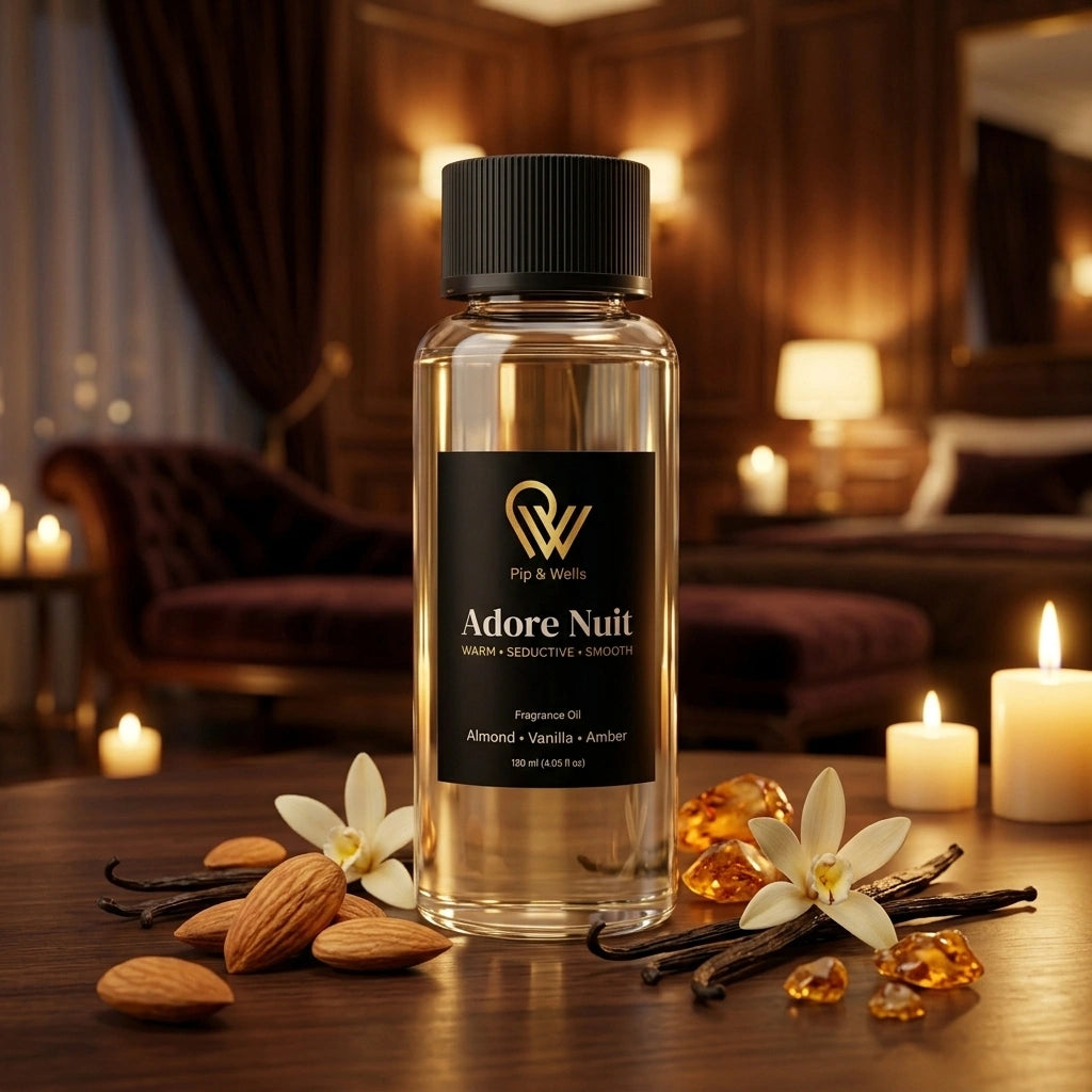A bottle of Pip & Wells Adore Nuit fragrance oil stands on a wooden table in a warmly lit bedroom setting, surrounded by lit candles, vanilla beans, almonds, and white flowers. The bottle has a black cap and a black label with gold lettering.