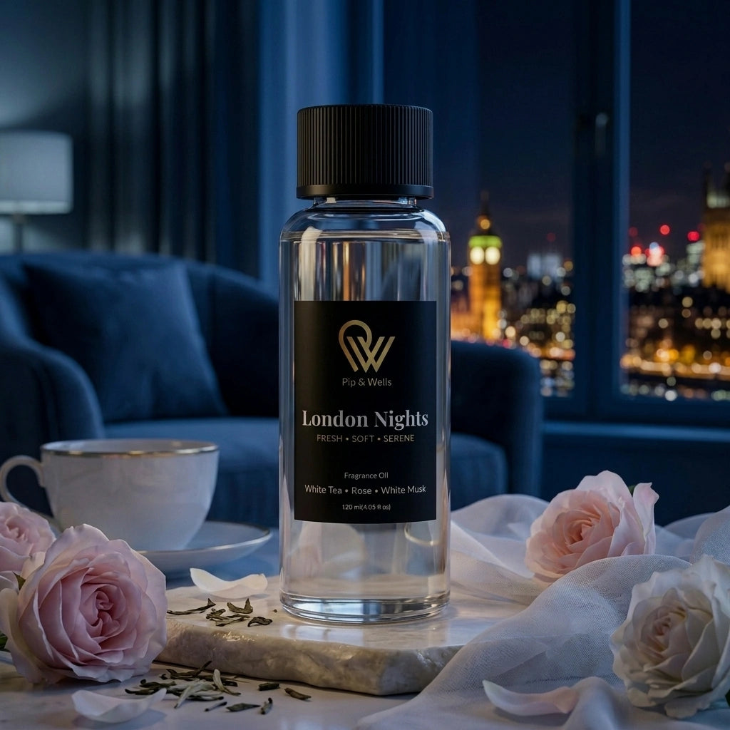 Fragrance oil bottle labeled 'London Nights' with flowers and a cup on a table with a cityscape background