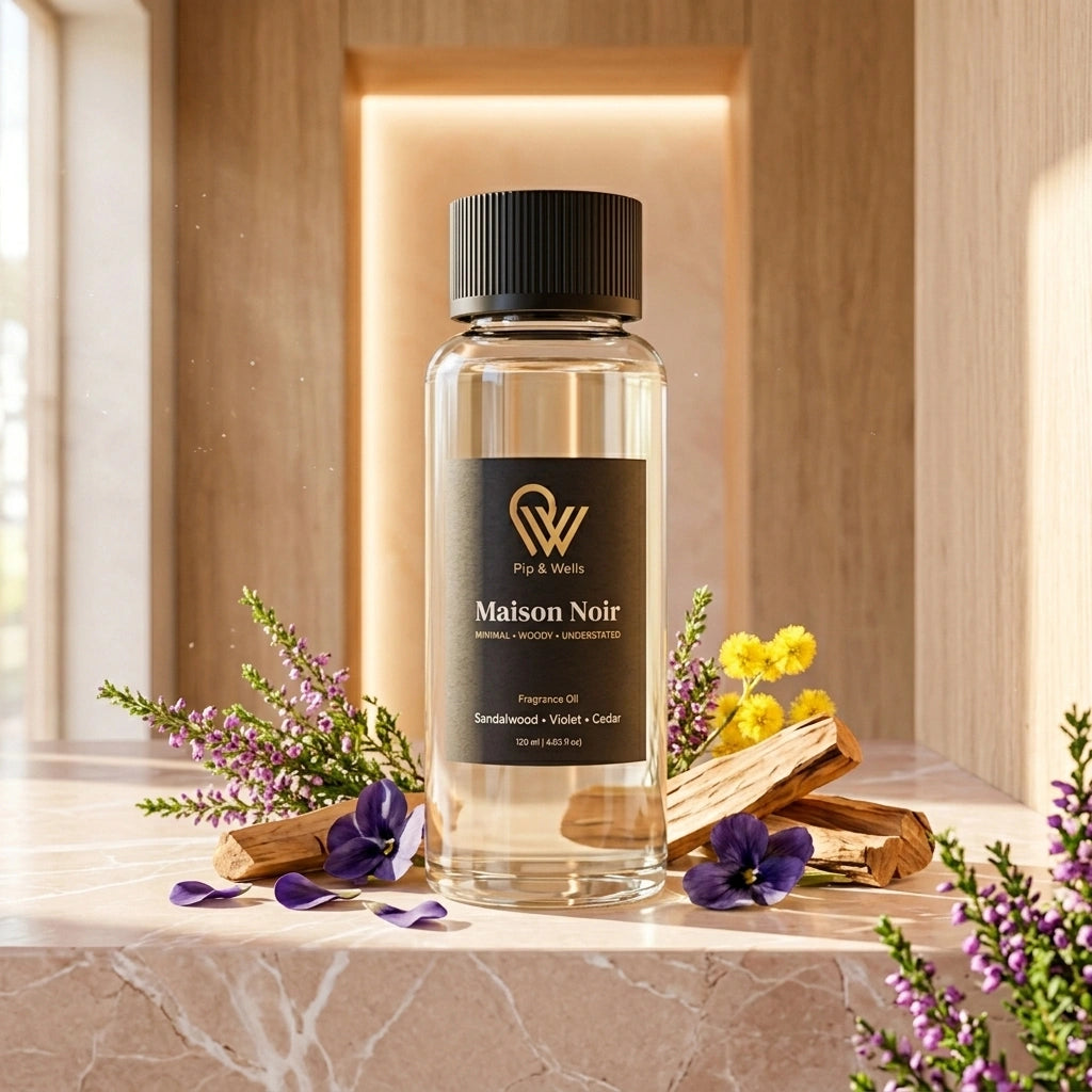 Bottle of Maison Noir fragrance with flowers and wooden elements on a marble surface.