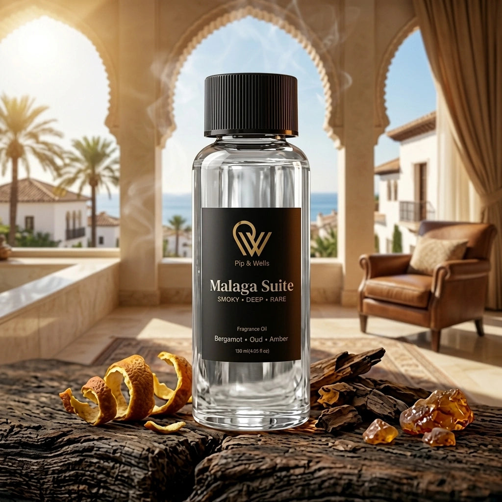 Bottle of Malaga Suite fragrance oil on a wooden surface with decorative elements and a scenic background.