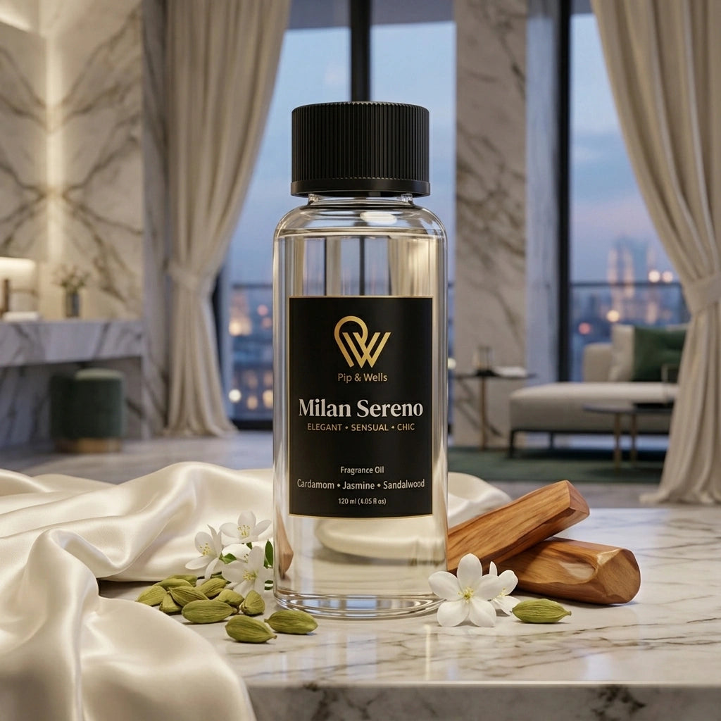 A bottle of Pop & Wells Milan Sereno fragrance oil stands on a marble surface in a luxurious room setting. The clear glass bottle has a black cap and a black label with gold lettering, surrounded by white jasmine flowers, green cardamom pods, and a piece of sandalwood.