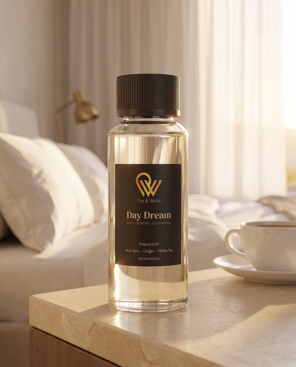 Flesje Pip & Wells Day Dream geurolie 120 ml uit de set Essence of Luxury op een nachtkastje in een slaapkamer in hotelstijl
