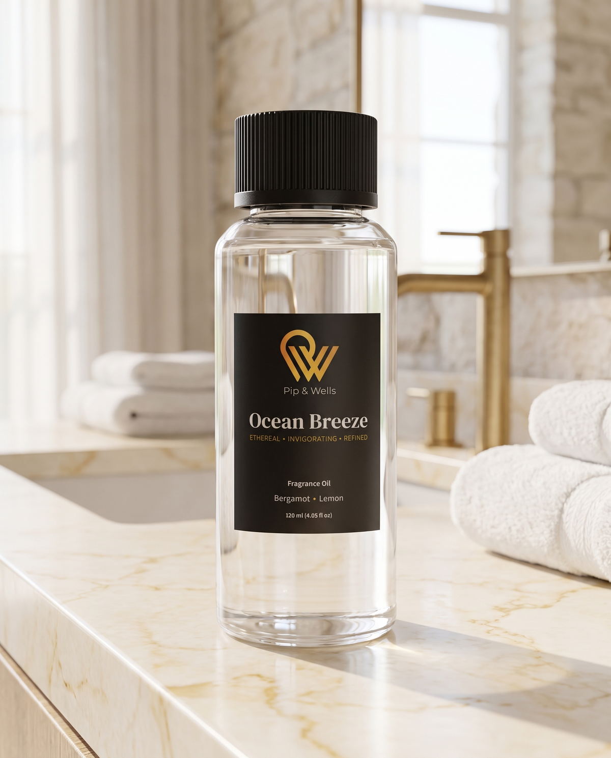 Flesje Pip & Wells Ocean Breeze geurolie 120 ml uit de set Essence of Luxury op een marmeren wastafelblad in een badkamer in hotelstijl