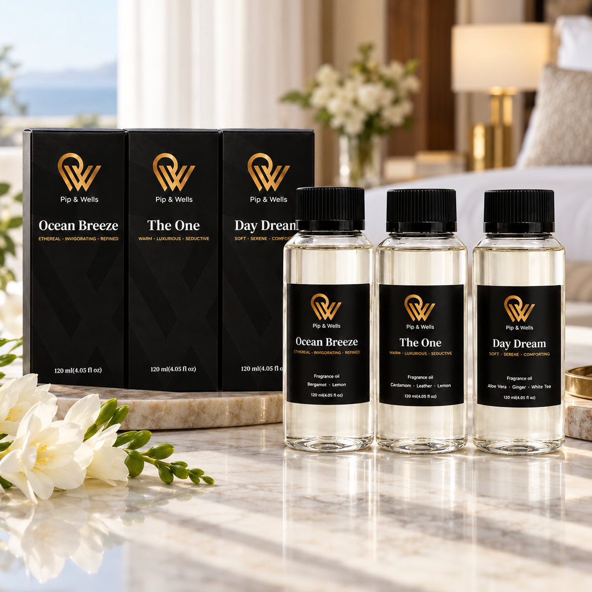 Pip & Wells Hotel Fragrances geschenkset met flessen Ocean Breeze, The One en Day Dream naast hun zwarte dozen