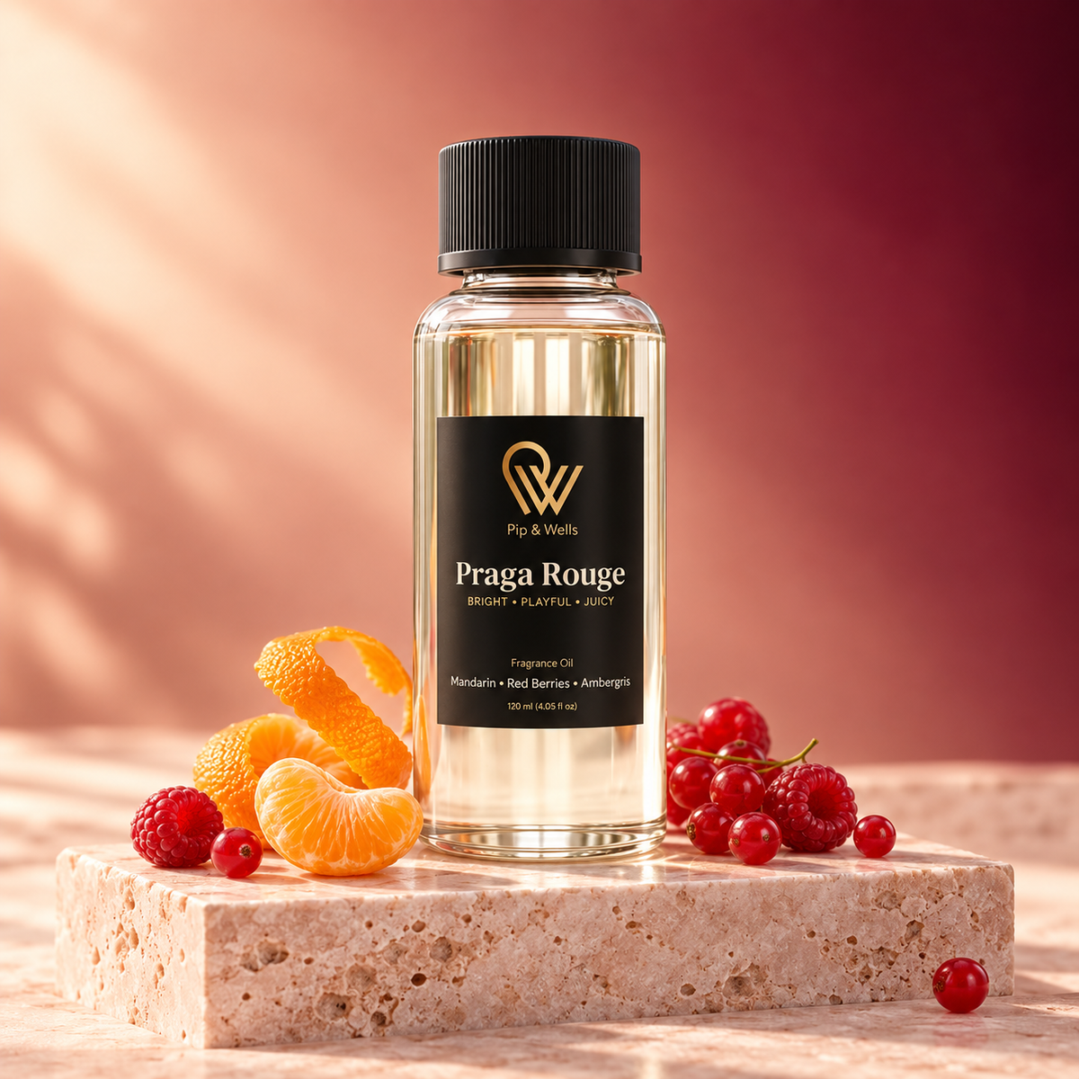 Flesje Pip & Wells Praga Rouge geurolie 120 ml op een stenen sokkel met mandarijn en rode bessen tegen een warmrode achtergrond