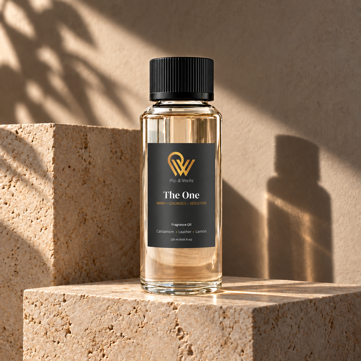 Fles Pip & Wells The One geurolie van 120 ml op sculpturale stenen blokken in warm zonlicht