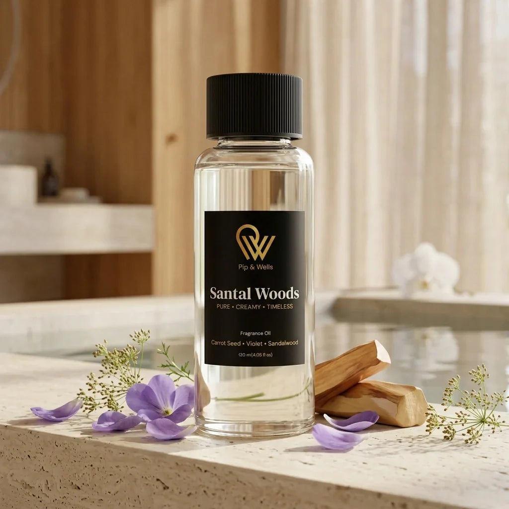 Pip & Wells Santal Woods fragrance oil bottle.