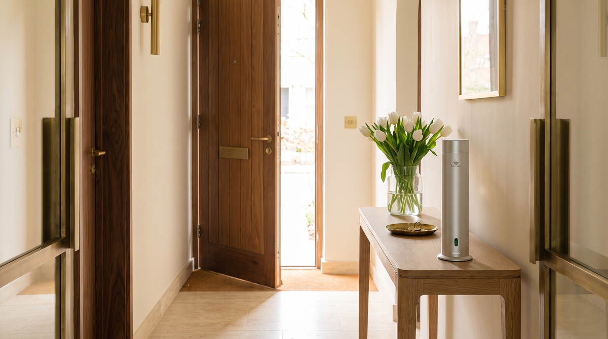Pure One diffuser in Matte Silver op een eiken sidetable in een lichte hal, klaargemaakt voor een woningbezichtiging