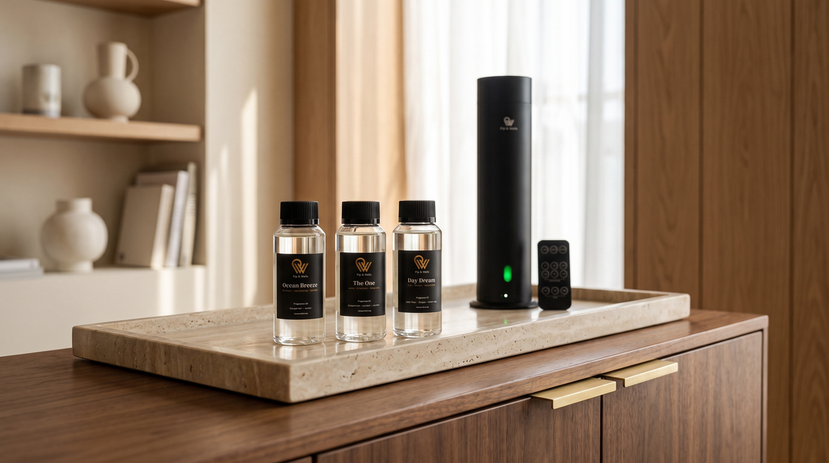 Ocean Breeze, The One en Day Dream geuroliën op een travertinen dienblad naast de Pure One diffuser in Matte Black