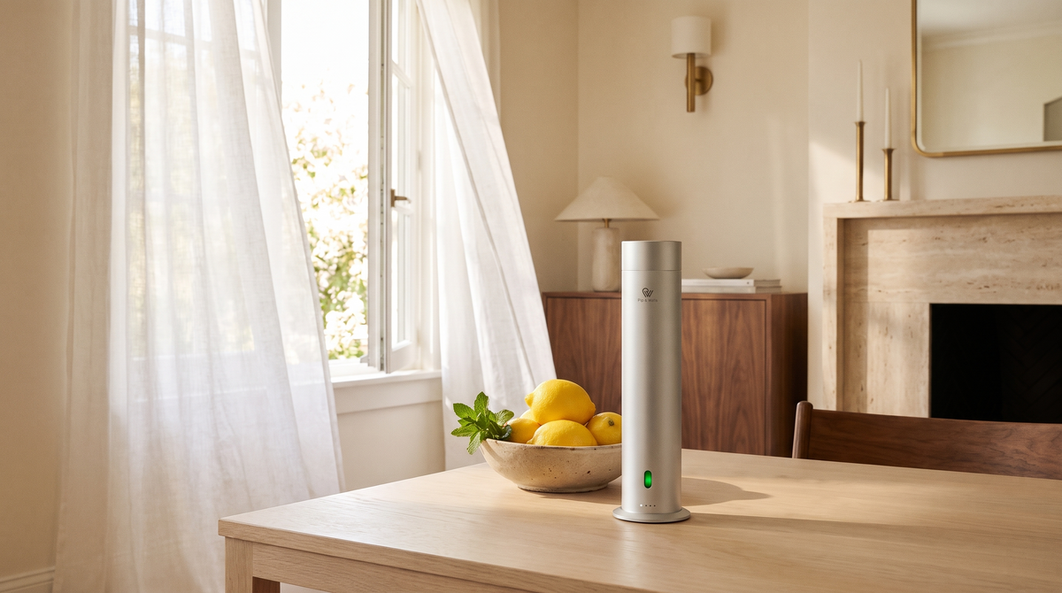 Pure One diffuser in Matte Silver naast een schaal citroenen in een zonnige zomerse woonkamer met linnen gordijnen