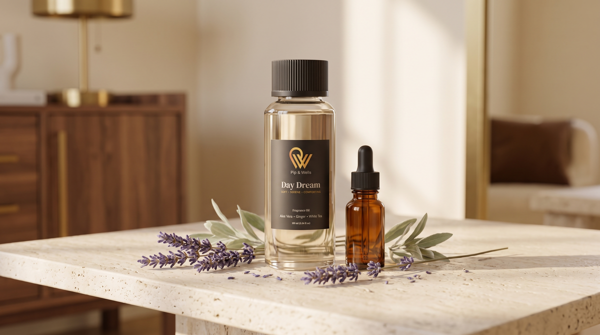 Day Dream diffuserolie naast een amberkleurig druppelflesje met etherische olie en gedroogde lavendel