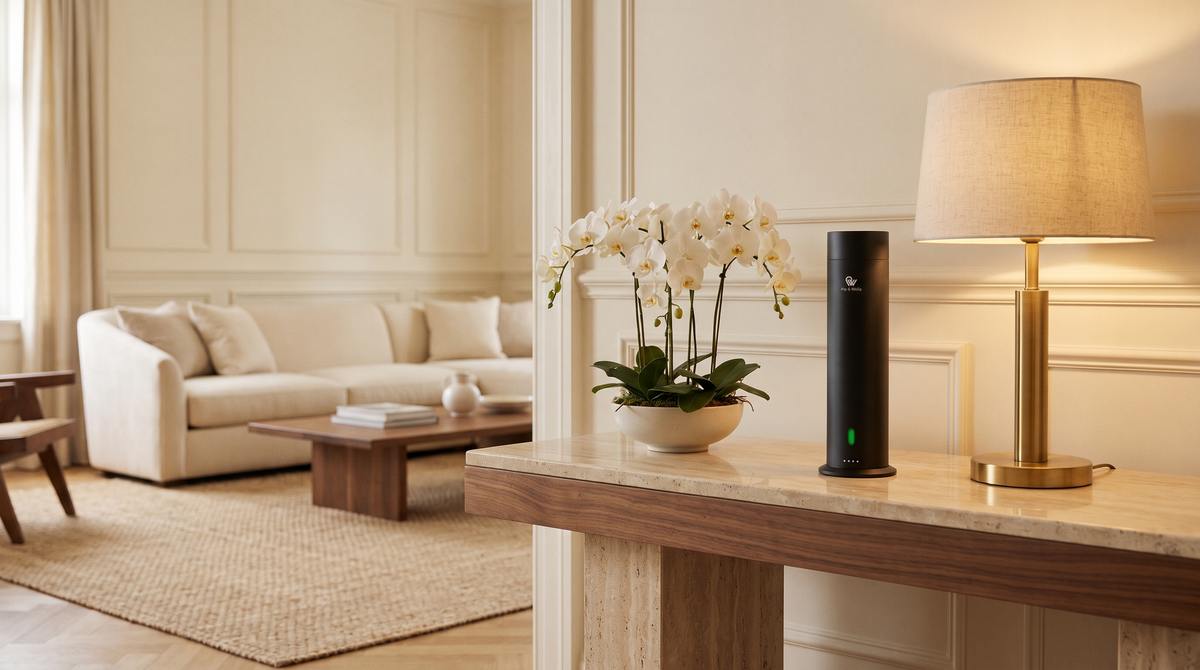 Pure One diffuser in Matte Black op een marmeren sidetable met witte orchideeën en een messing lamp in een woonkamer in hotelstijl