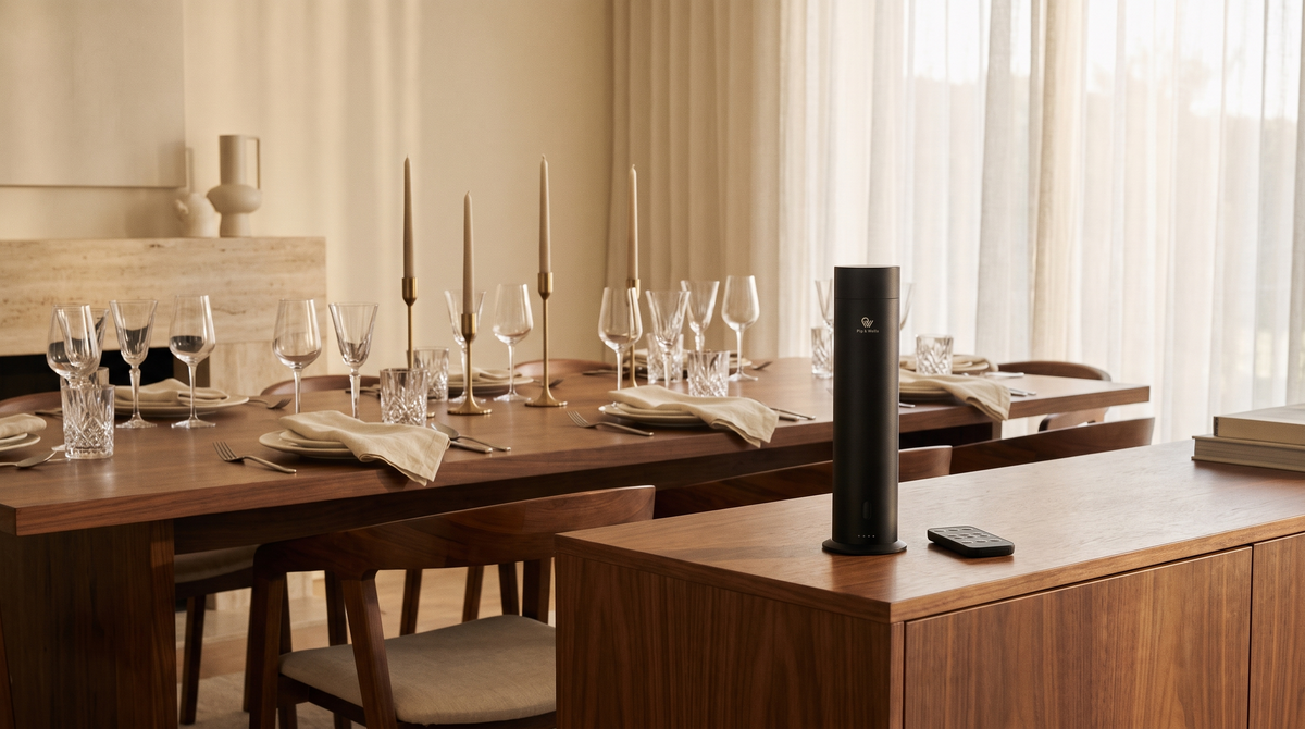 Pure One diffuser in Matte Black op een walnotenhouten dressoir naast een eettafel die voor gasten is gedekt