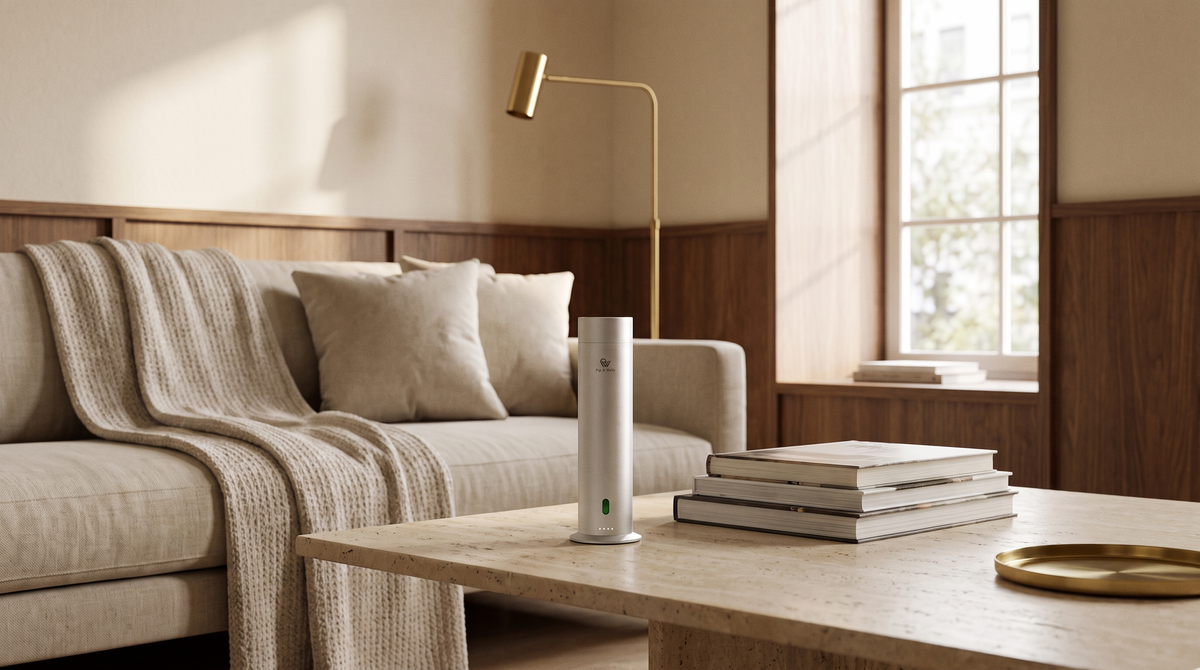 Pure One diffuser in Matte Silver op een travertinen salontafel in een warme woonkamer