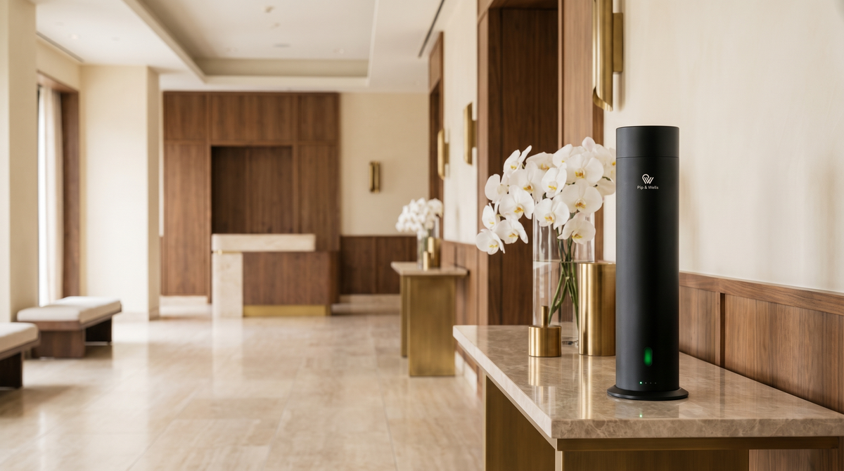 Pure One diffuser in Matte Black met witte orchideeën op een marmeren sidetable in de lobby van een luxehotel