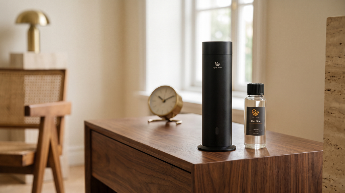 Pure One diffuser in Matte Black naast The One geurolie en een messing tafelklok op een walnotenhouten bijzettafel