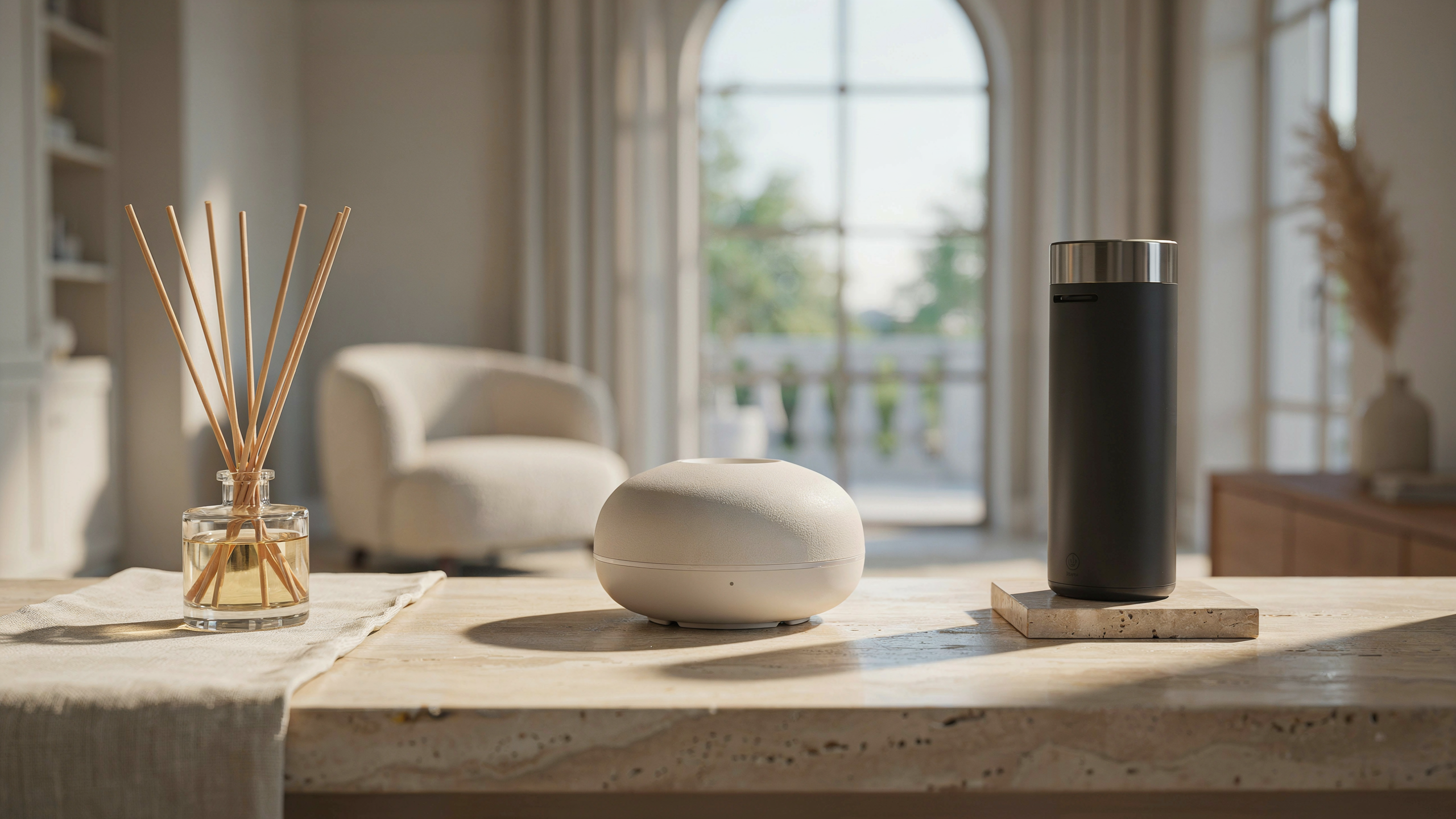 Three scent-diffuser formats in a refined living room: reed, ultrasonic and waterless.