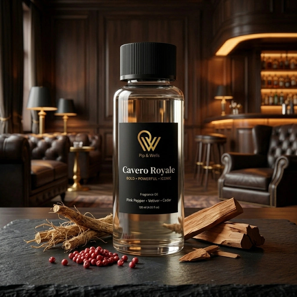 Cavero Royale fragrance oil bottle on a dark surface with spices in a bar setting
