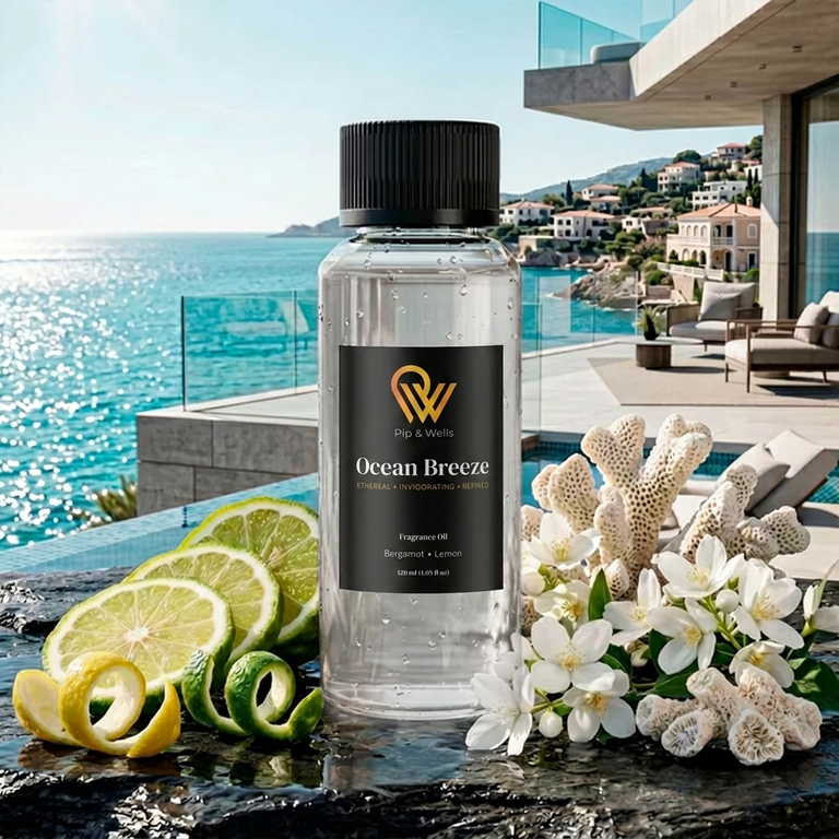 Pip & Wells Ocean Breeze, geurolie 120 ml, fles met elementen die de geurnoten verbeelden