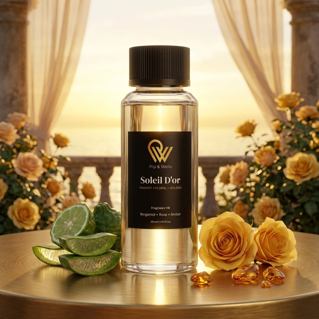 Perfume bottle labeled 'Soleil D'or' with flowers and limes on a decorative table.