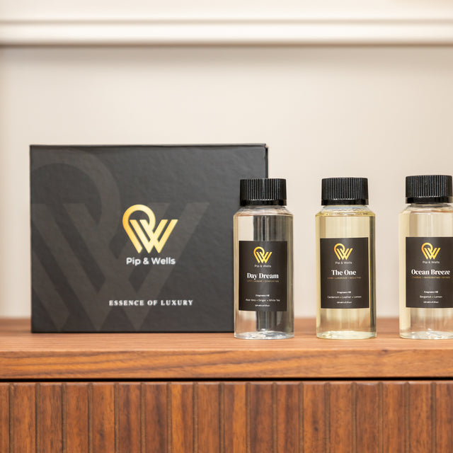 Pip & Wells Essence of Luxury gift set: black gift box with Day Dream, The One and Ocean Breeze fragrance oils, 3 x 120 ml