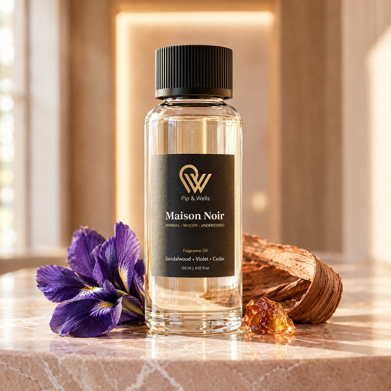 Pip & Wells Maison Noir, geurolie 120 ml, fles met elementen die de geurnoten verbeelden