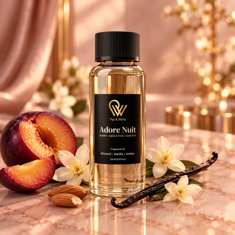 Pip & Wells Adore Nuit, geurolie 120 ml, fles met elementen die de geurnoten verbeelden