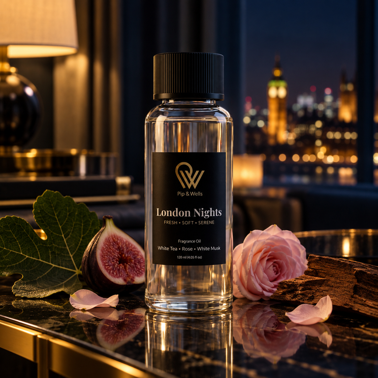Pip & Wells London Nights, geurolie 120 ml, in een zacht verlicht interieur in de avond