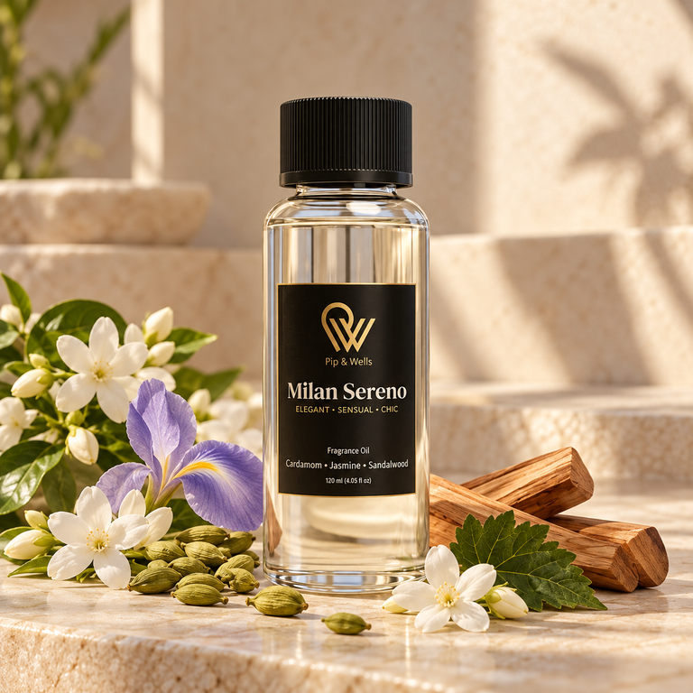 Pip & Wells Milan Sereno, geurolie 120 ml, fles met elementen die de geurnoten verbeelden